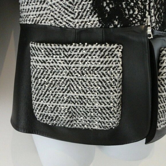 NWT OSCAR DE LA RENTA Black Leather & Boucle Twill Tweed Zip Front Jacket 8 - Picture 5 of 8